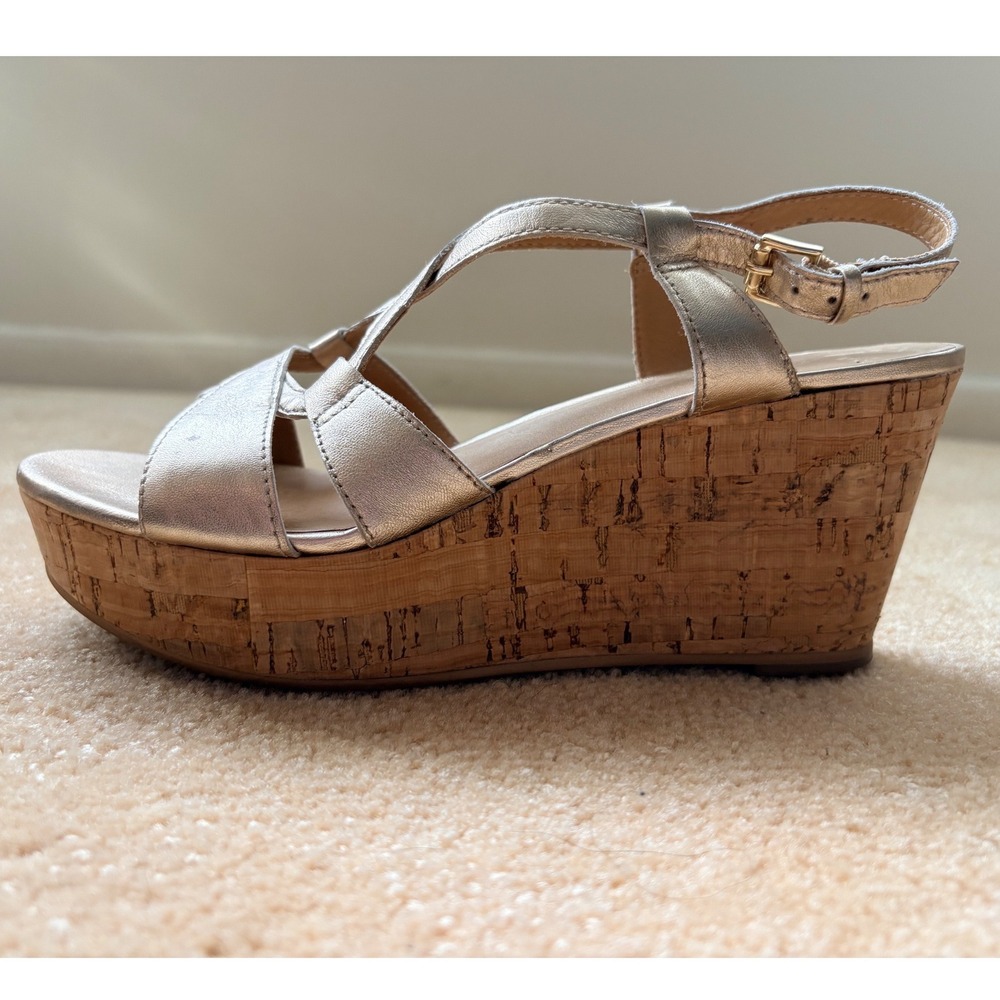 Saks Fifth Avenue Metallic‎ Gold Cork Wedge Platform Sandals BOHO Chic 8M Brazil